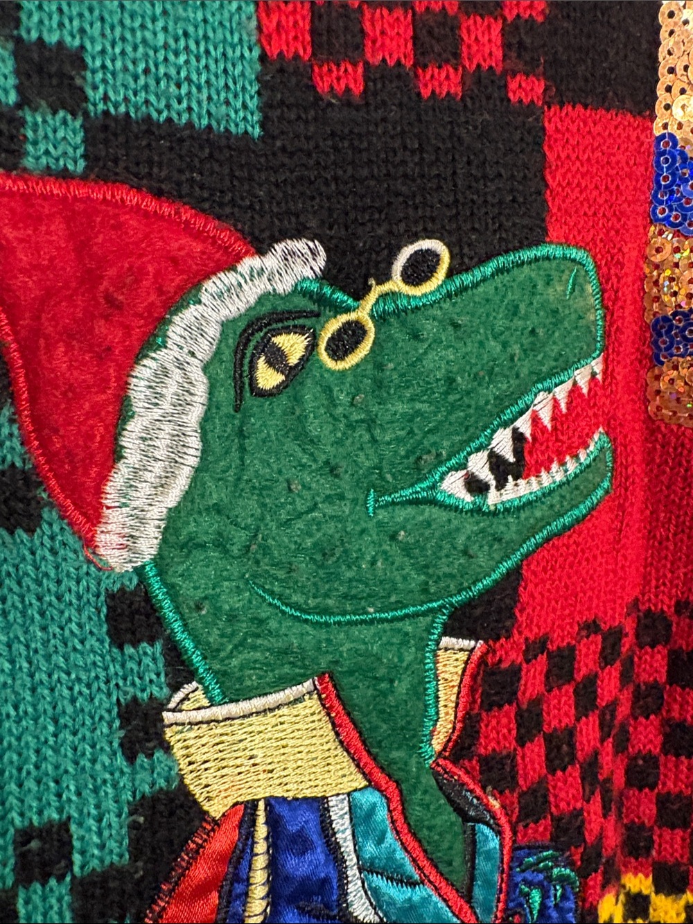 Ugly Christmas Dino Patch Multicolor Checker Sweater - Picture 4 of 11